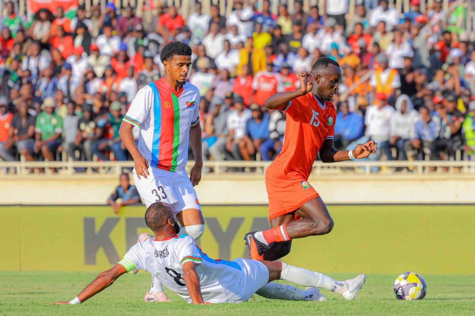 Fans left frustrated as Harambee Stars rescue point against Eritrea after late Ogam strike Fans left frustrated as Harambee Stars rescue point against Eritrea after late Ogam strike