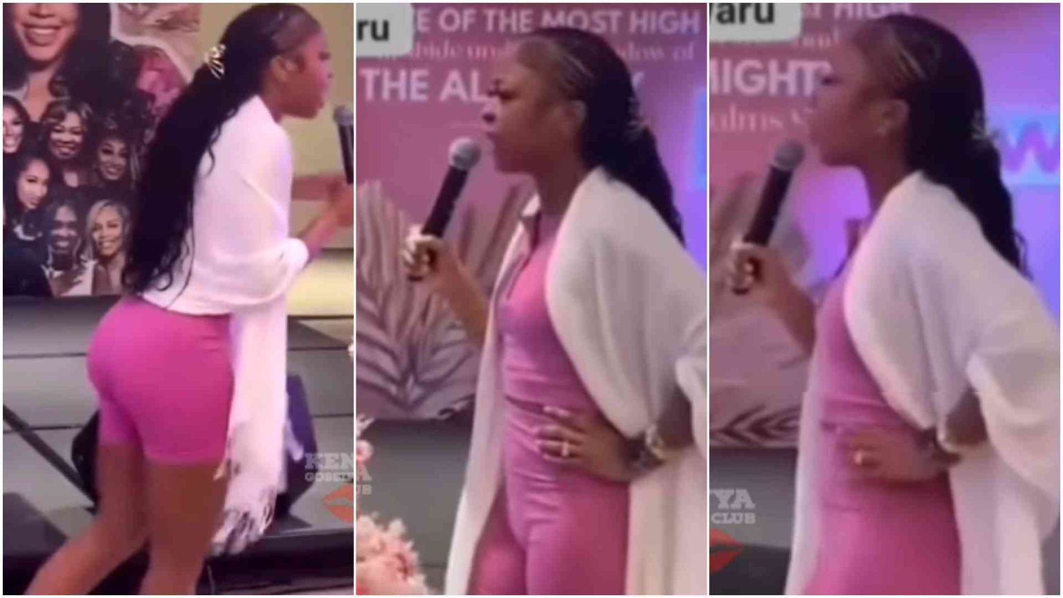 VIDEO: Female Preacher sparks reactions after delivering sermon in pink biker shorts